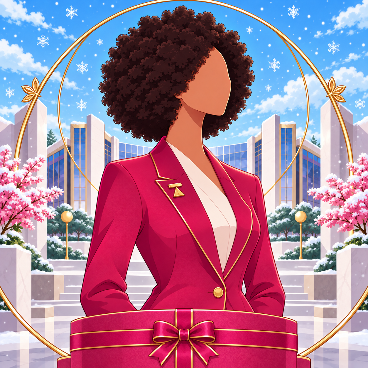 Animated reserved STABILIZER HQ Nigeria Manager portrait in a hot-pink suit with a gold STABILIZER pin